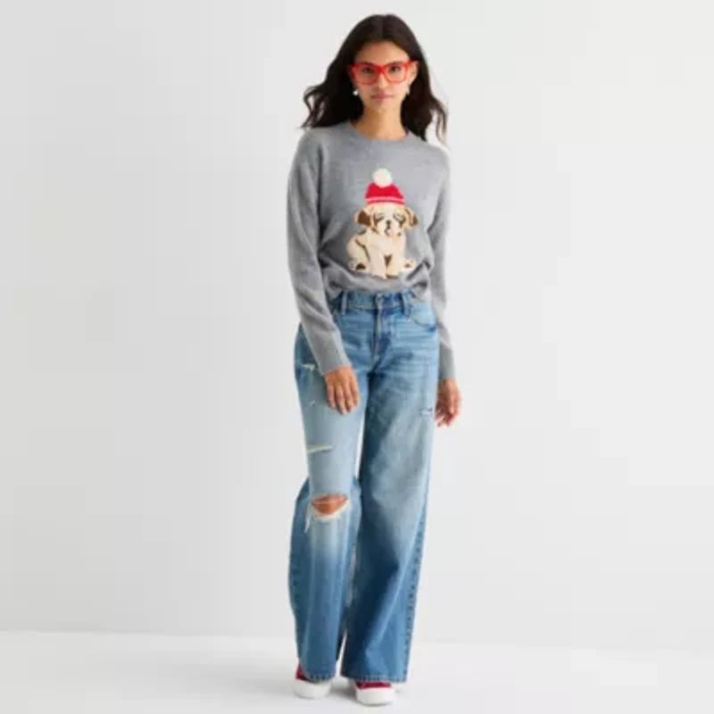 Arizona Juniors Womens Crew Neck Long Sleeve Animal Pullover Sweater