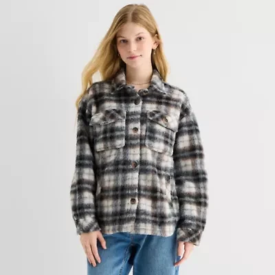 Arizona Shacket Womens Juniors Faux Fur Midweight Shirt Jacket