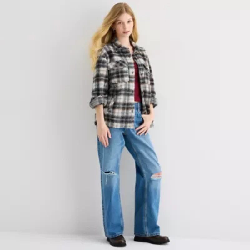 Arizona Shacket Womens Juniors Faux Fur Midweight Shirt Jacket