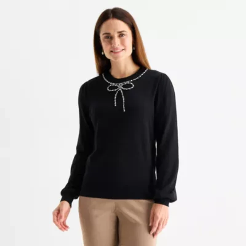 Liz Claiborne Womens Crew Neck Embellished Long Sleeve Pullover Sweater