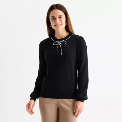 Liz Claiborne Womens Crew Neck Embellished Long Sleeve Pullover Sweater
