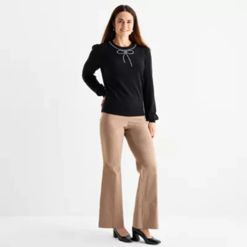 Liz Claiborne Womens Crew Neck Embellished Long Sleeve Pullover Sweater