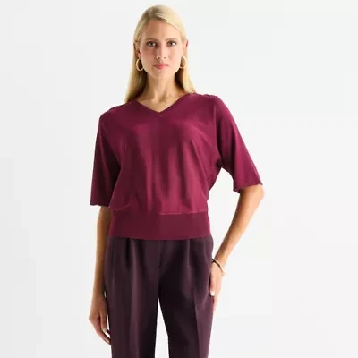 Worthington Womens V Neck Elbow Sleeve Pullover Sweater