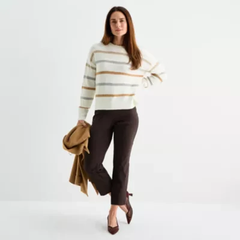 Liz Claiborne Womens Crew Neck Long Sleeve Striped Pullover Sweater