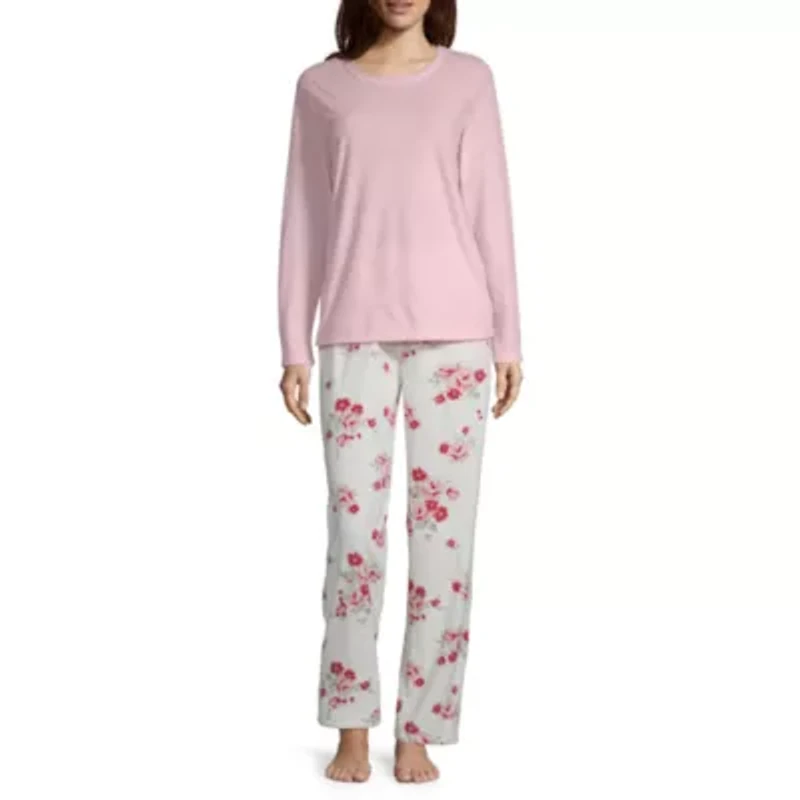 Adonna Womens Round Neck Long Sleeve 2-pc. Pajama Sets