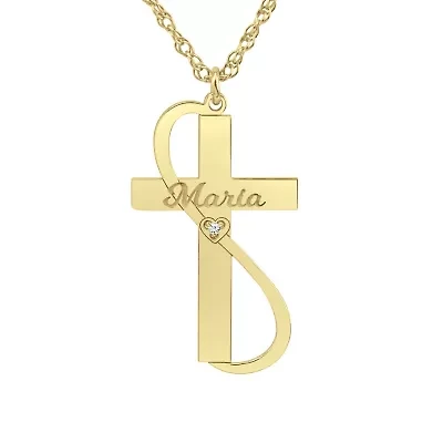 Womens White Diamond Accent Personalized Gold Cross Pendant Necklace