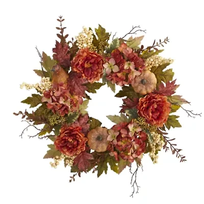 Nearly Natural Peony Hydrangea Pumpkin Wreath