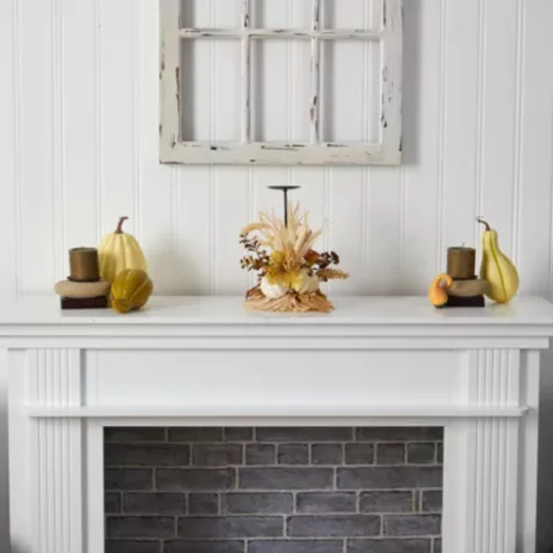 Nearly Natural 12" Autumn Pumpkin Candle Holder Floral Arrangement