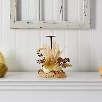 Nearly Natural 12" Autumn Pumpkin Candle Holder Floral Arrangement