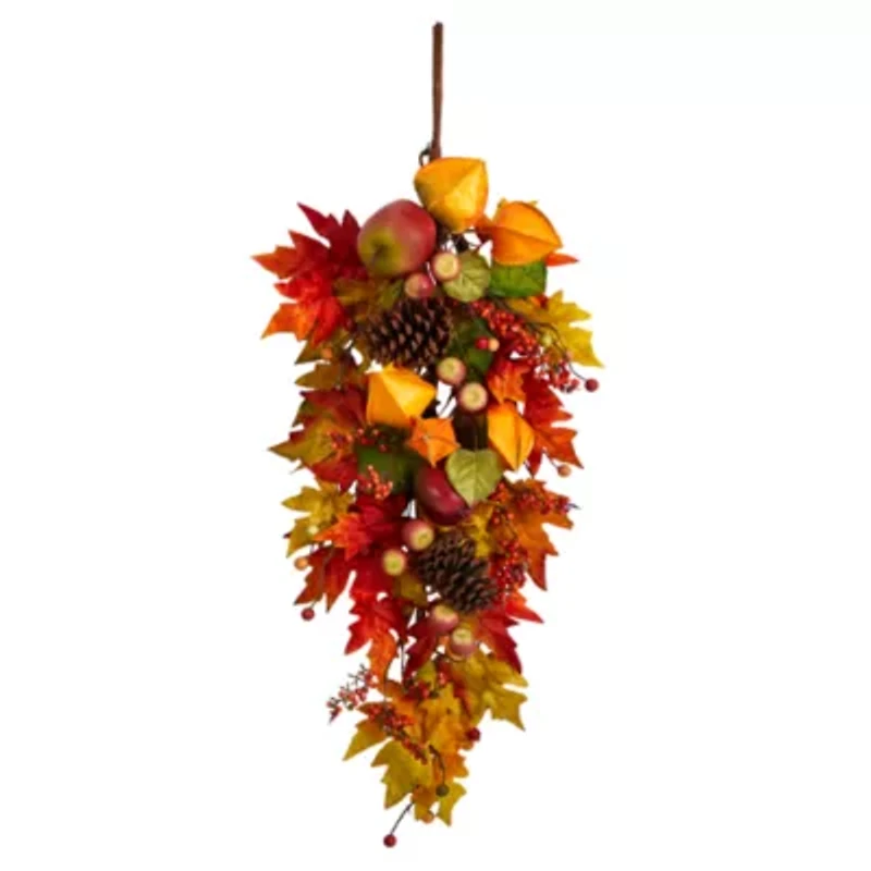 Nearly Natural 35IN  Maple Leaf and Berries Teardrop Swag