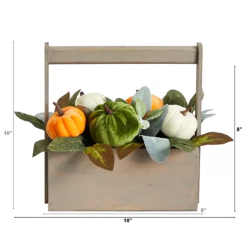 Nearly Natural 10" Fall Pumpkin In Wood Basket Floral Arrangement