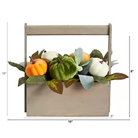 Nearly Natural 10" Fall Pumpkin In Wood Basket Floral Arrangement
