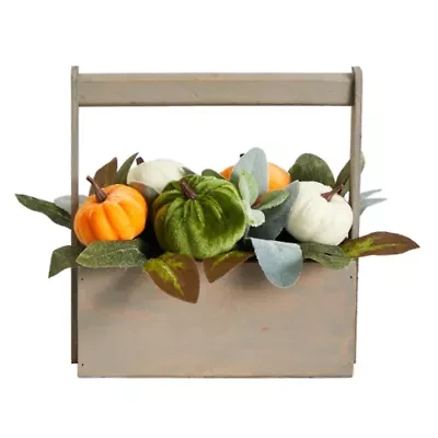 Nearly Natural 10" Fall Pumpkin In Wood Basket Floral Arrangement