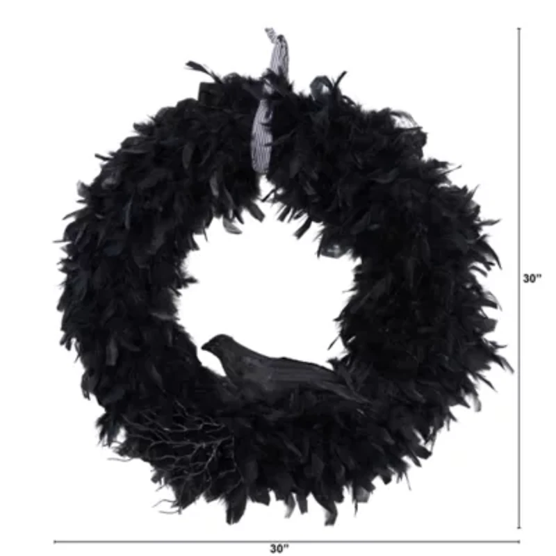 Nearly Natural 30" Halloween Raven Feather Wreath