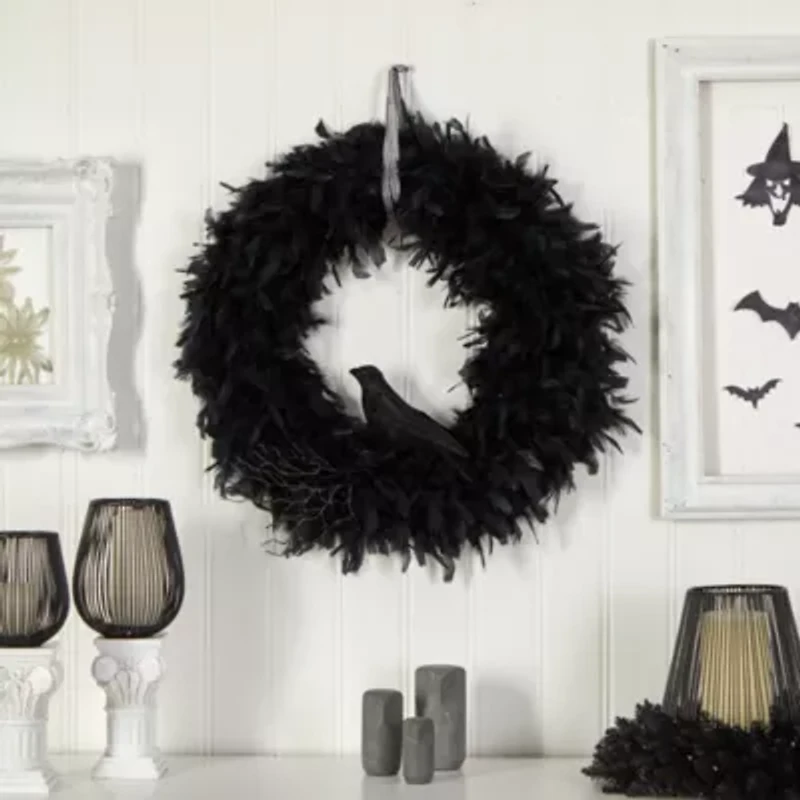 Nearly Natural 30" Halloween Raven Feather Wreath