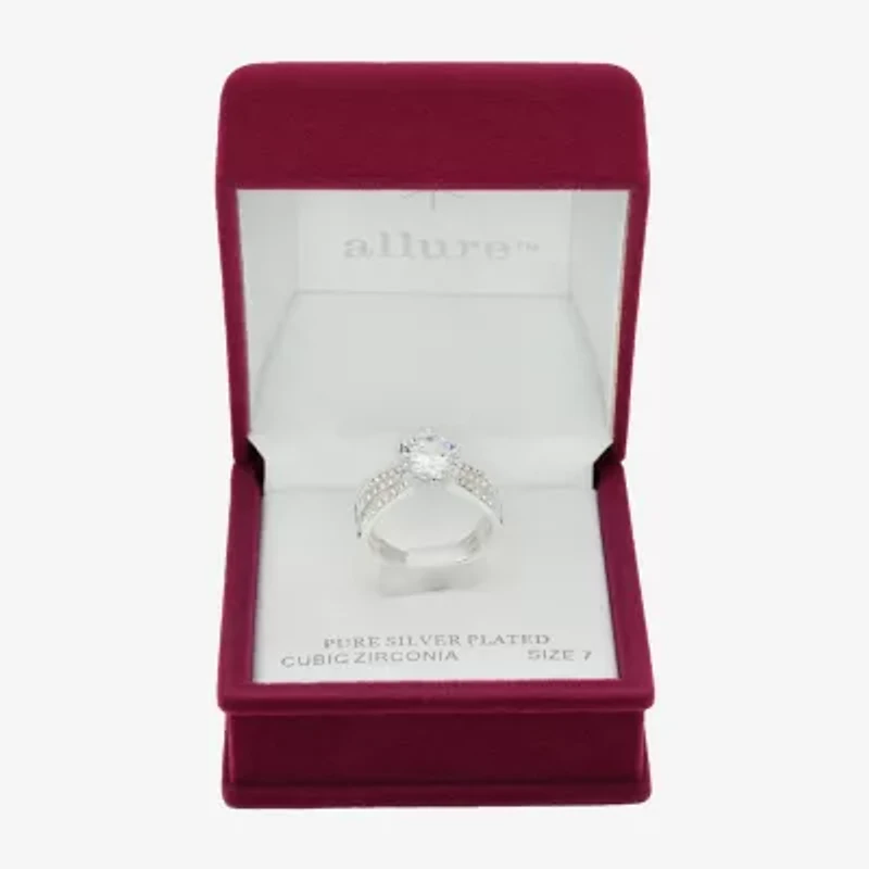 Sparkle Allure Triple Split Shank Womens Crystal Pure Silver Over Brass Round Crossover Engagement Ring