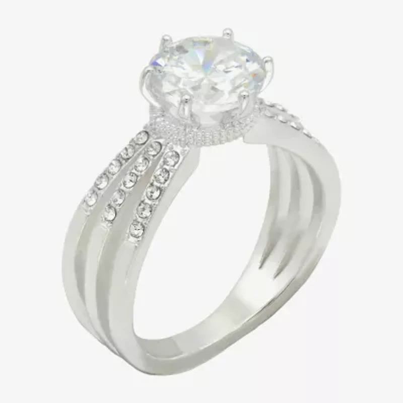 Sparkle Allure Triple Split Shank Womens Crystal Pure Silver Over Brass Round Crossover Engagement Ring