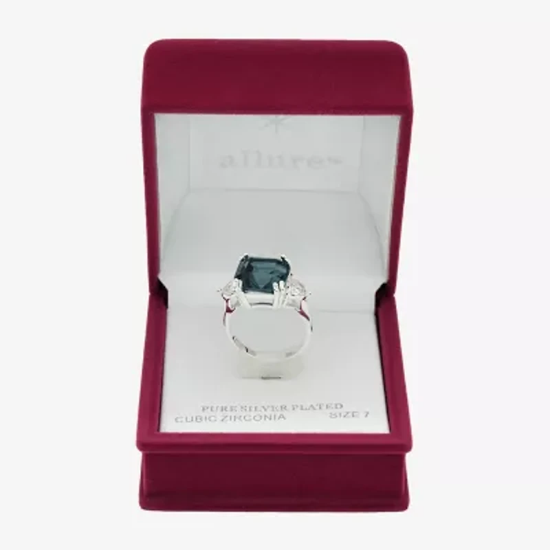 Sparkle Allure Womens Blue Crystal Pure Silver Over Brass Cushion 3-Stone Cocktail Ring