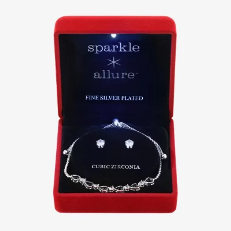 Sparkle Allure Light Up Box Womens Cubic Zirconia Pure Silver Over Brass Heart 2-pc. Jewelry Set