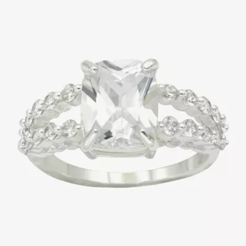 Sparkle Allure Split Shank Womens Cubic Zirconia Pure Silver Over Brass Engagement Ring