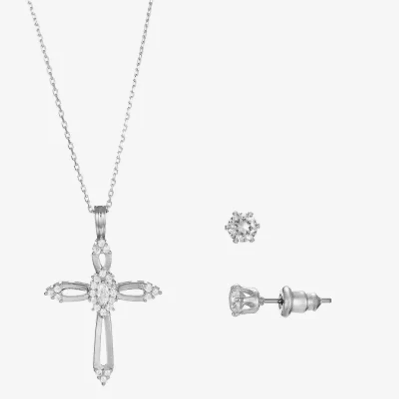 Sparkle Allure Light Up Box Womens Cubic Zirconia Pure Silver Over Brass Cross 2-pc. Jewelry Set