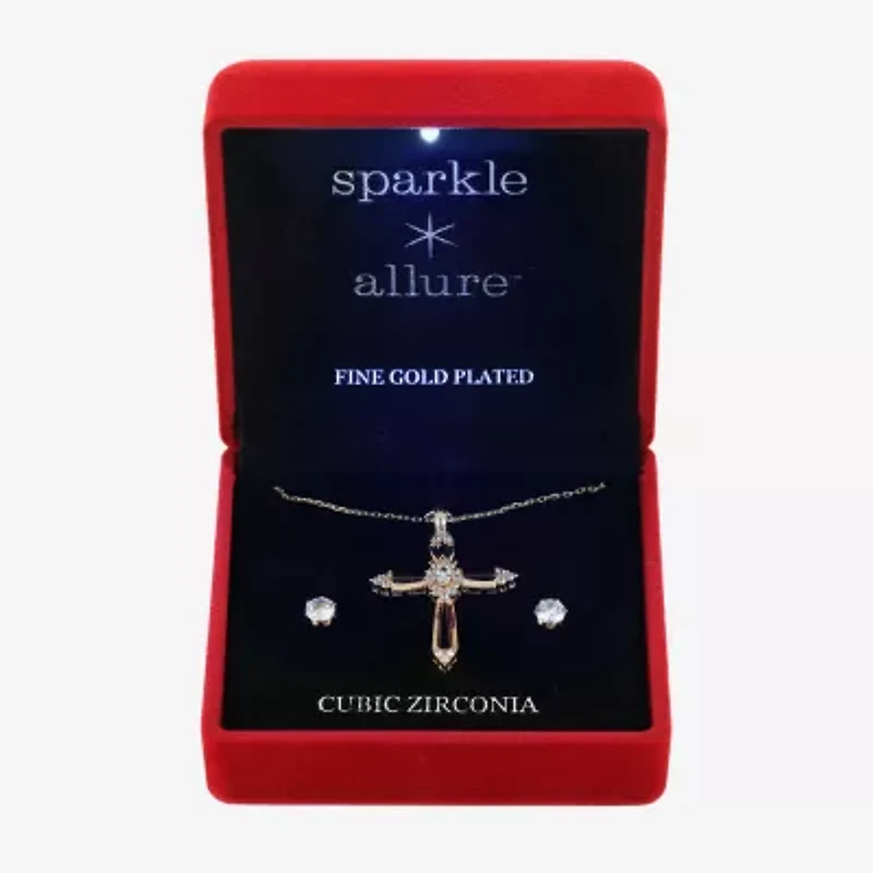 Sparkle Allure Light Up Box Womens Cubic Zirconia 14K Gold Over Brass Cross 2-pc. Jewelry Set
