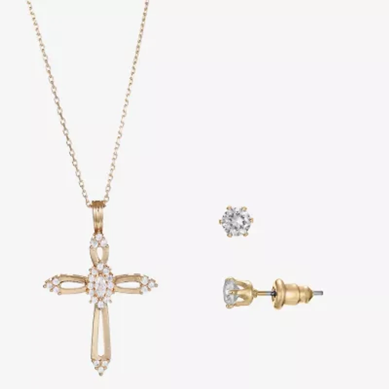 Sparkle Allure Light Up Box Womens Cubic Zirconia 14K Gold Over Brass Cross 2-pc. Jewelry Set
