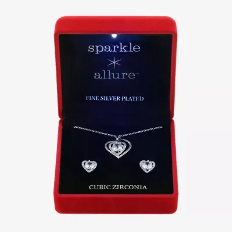 Sparkle Allure Light Up Box Halo Womens Cubic Zirconia Pure Silver Over Brass Heart 2-pc. Jewelry Set
