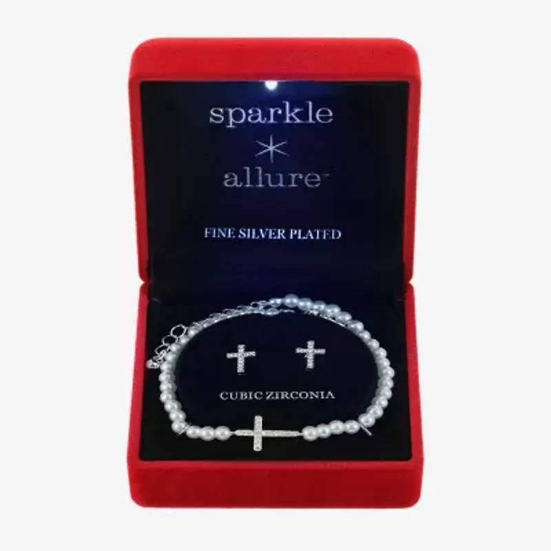 Sparkle Allure Light Up Box Womens Cubic Zirconia Simulated Pearl Pure Silver Over Brass Cross 2-pc. Jewelry Set