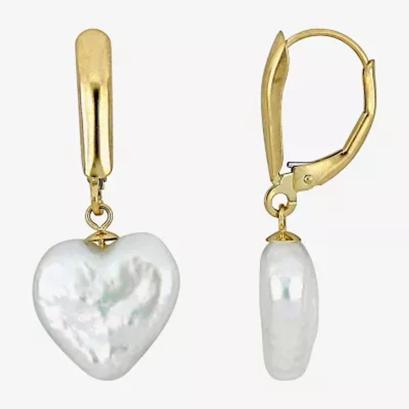 Womens White Cultured Freshwater Pearl 14K Gold Heart Drop Earrings