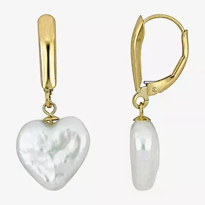 Womens White Cultured Freshwater Pearl 14K Gold Heart Drop Earrings