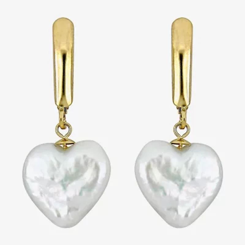 Womens White Cultured Freshwater Pearl 14K Gold Heart Drop Earrings