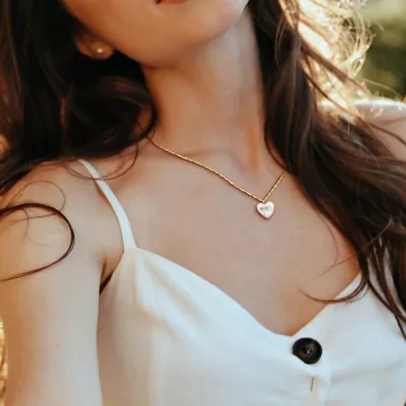 Womens White Cultured Freshwater Pearl 14K Gold Heart 17 Inch Pendant Necklace