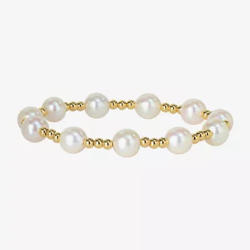 Womens White Cultured Freshwater Pearl 10K Gold Stretch Bracelet