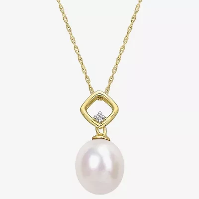 Womens Diamond Accent White Cultured Freshwater Pearl 10K Gold 17 Inch Pendant Necklace