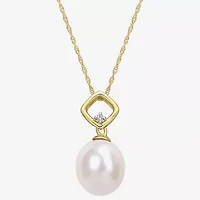 Womens Diamond Accent White Cultured Freshwater Pearl 10K Gold 17 Inch Pendant Necklace