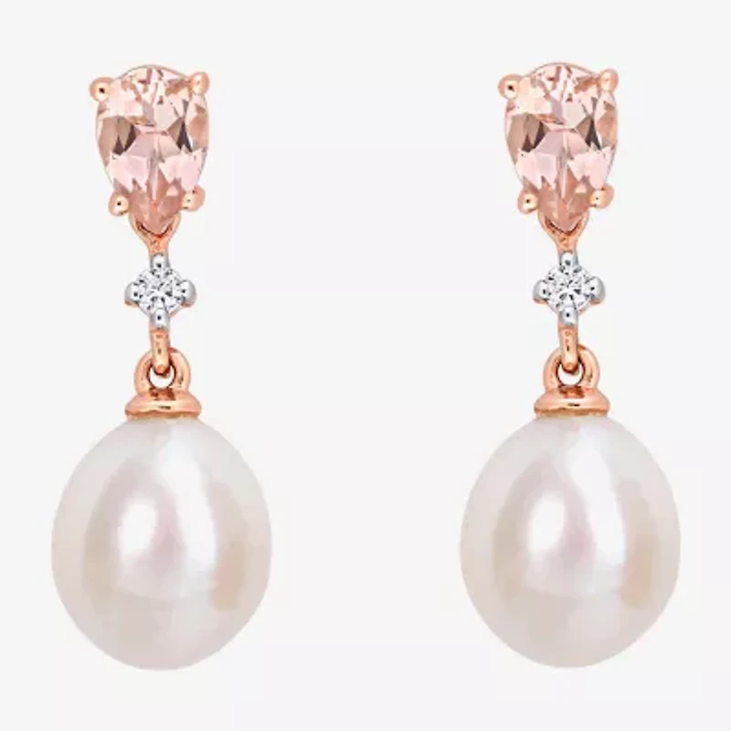 Womens Diamond Accent White Cultured Freshwater Pearl 14K Rose Gold Drop Earrings