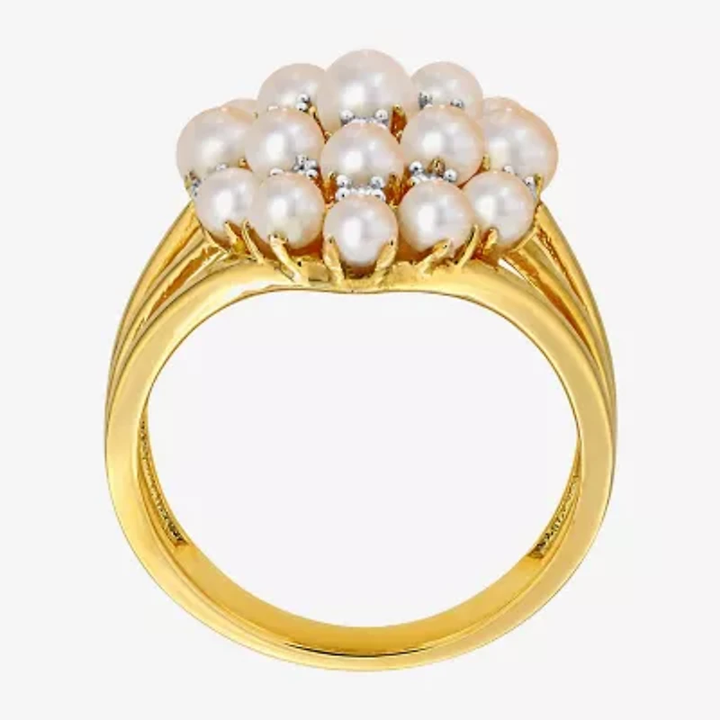 Womens 1/5 CT. 3.5MM White Cultured Freshwater Pearl 18K Gold Over Silver Cluster Cocktail Ring