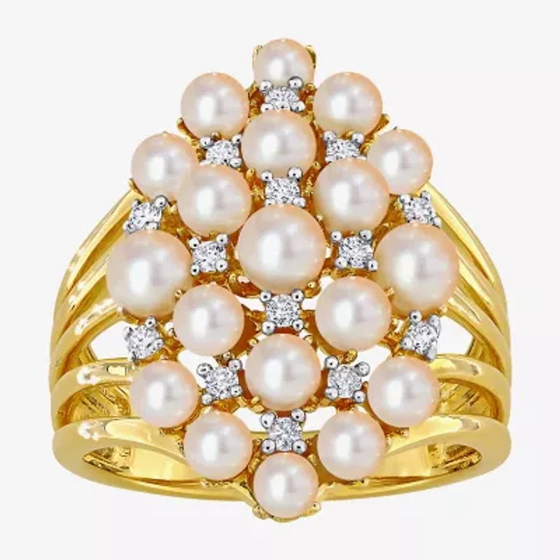 Womens 1/5 CT. 3.5MM White Cultured Freshwater Pearl 18K Gold Over Silver Cluster Cocktail Ring