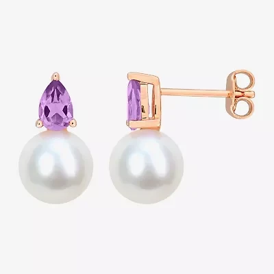 White Cultured Freshwater Pearl & Gemstone 18K Gold Over Silver 15.5mm Stud Earrings