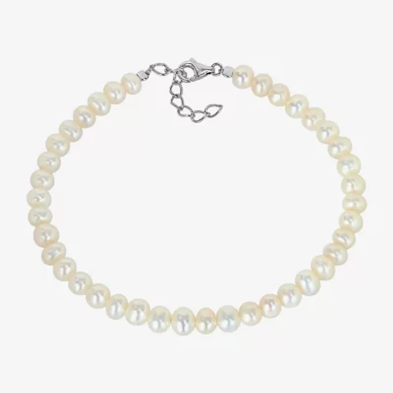 Womens White Cultured Freshwater Pearl Sterling Silver Strand Bracelet
