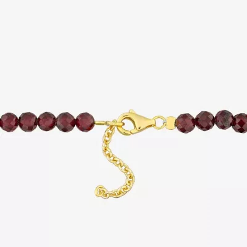 Womens Genuine Red Garnet 18K Gold Over Silver Beaded Bracelet