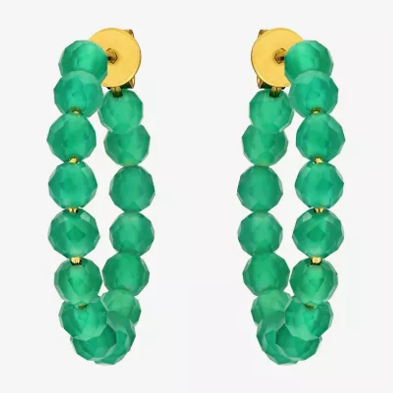 Womens Genuine Green Onyx 18K Gold Over Silver 4.4mm Hoop Earrings