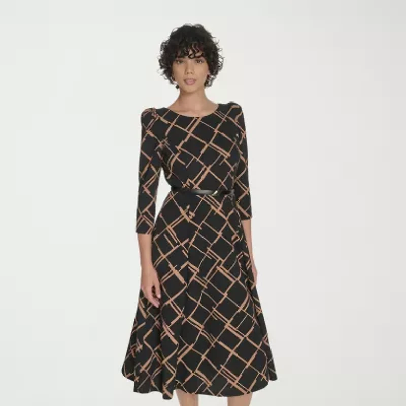 Marc New York Womens 3/4 Sleeve Abstract Midi Fit + Flare Dress