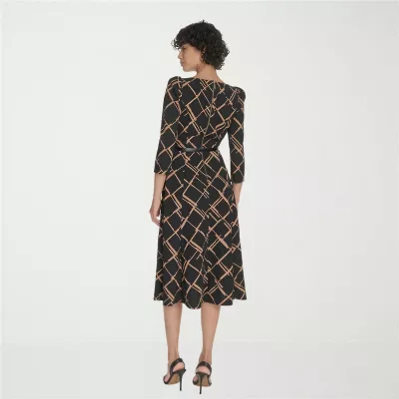 Marc New York Womens 3/4 Sleeve Abstract Midi Fit + Flare Dress
