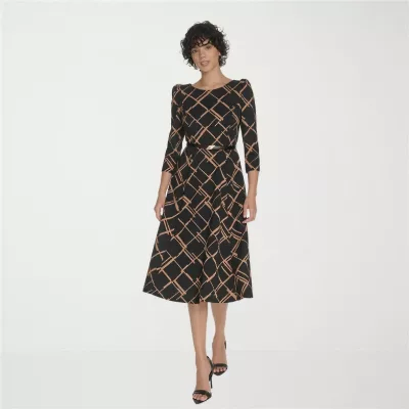 Marc New York Womens 3/4 Sleeve Abstract Midi Fit + Flare Dress
