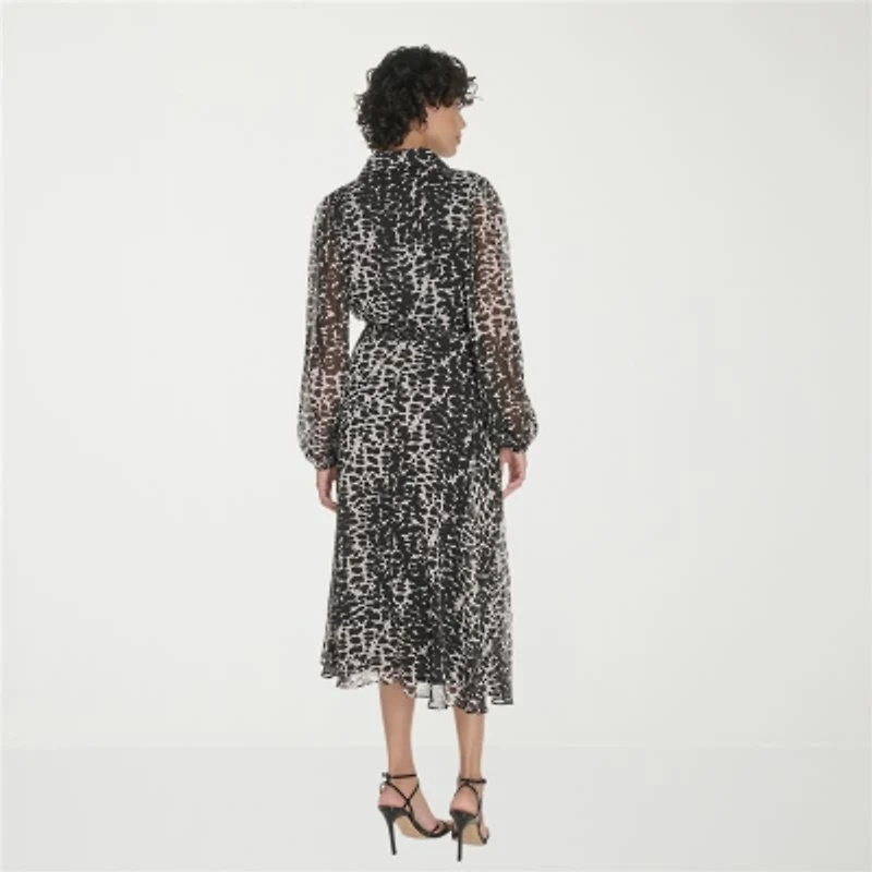 Marc New York Womens Long Sleeve Animal Midi Fit + Flare Dress