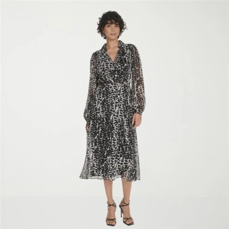 Marc New York Womens Long Sleeve Animal Midi Fit + Flare Dress