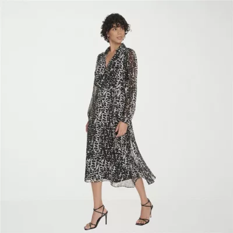 Marc New York Womens Long Sleeve Animal Midi Fit + Flare Dress