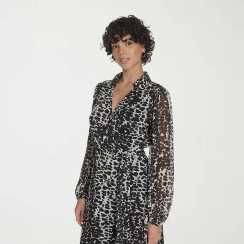 Marc New York Womens Long Sleeve Animal Midi Fit + Flare Dress